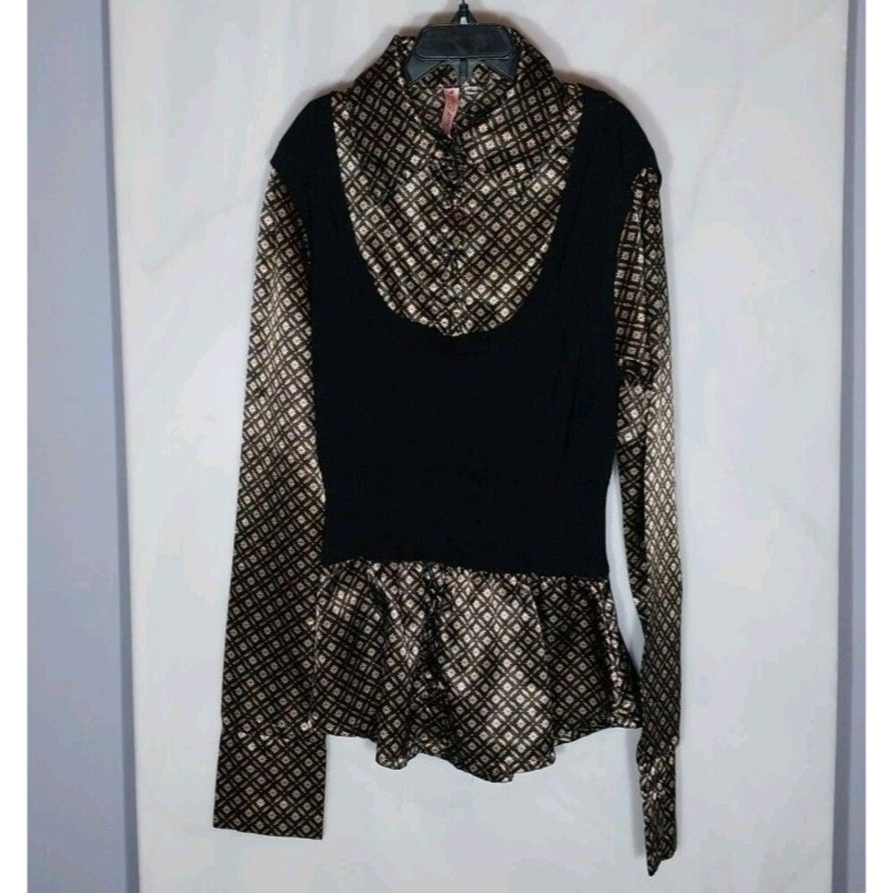 Heart Soul Peplum Top Women's S Black Gold Layered Sweater Blouse Dark Academia